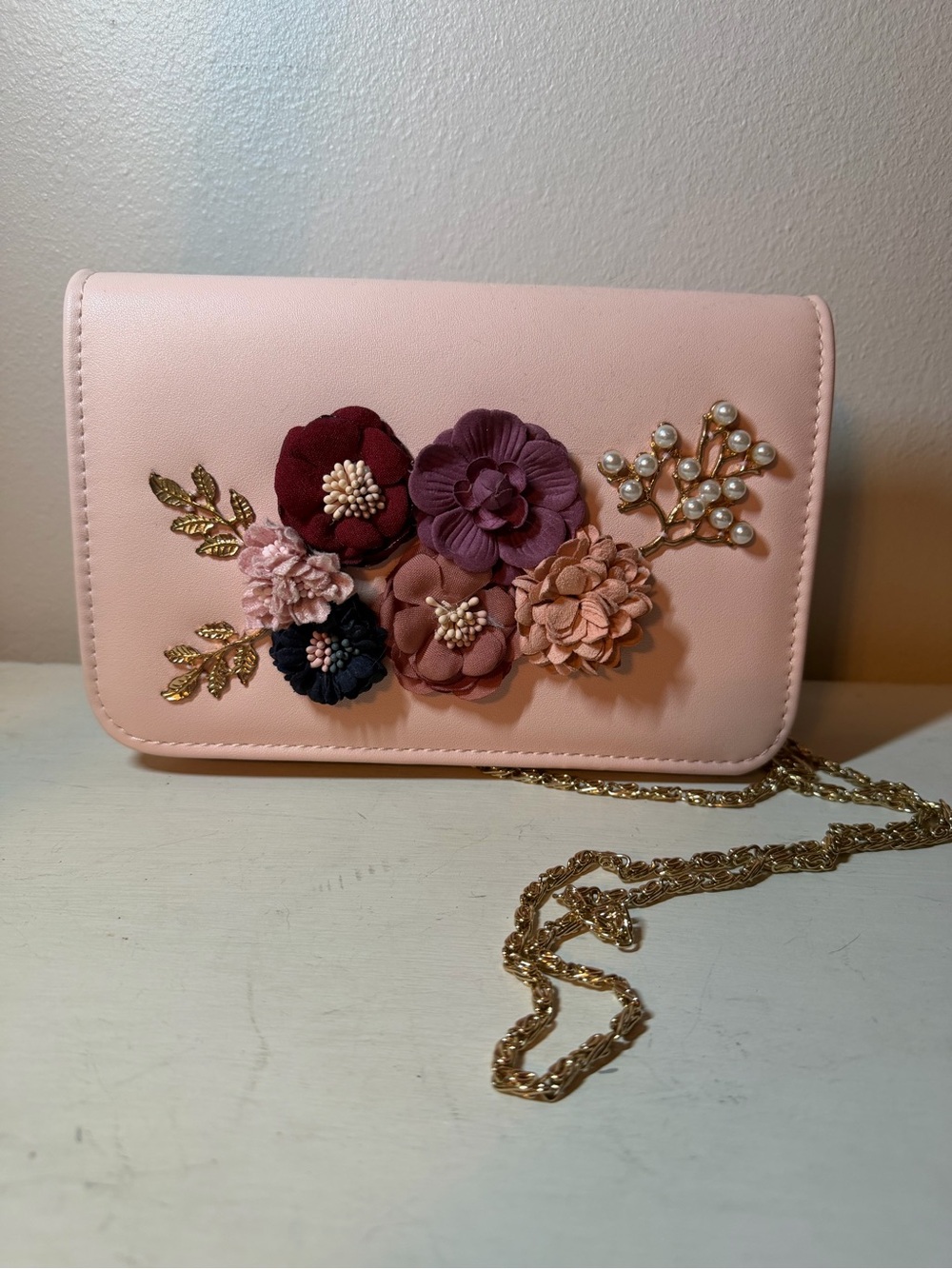 Kate Landry Pink Floral Appliqué Wristlet with Gold Chain